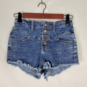 Refuge Denim Shorts‎ Womens 2 Blue Jean Mid Rise Cut off Button Fly Stone Wash